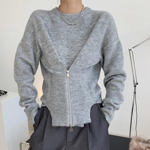 Autumn and winter womens sweater casual solid color round neck long sleeve zipper decoration sweater
