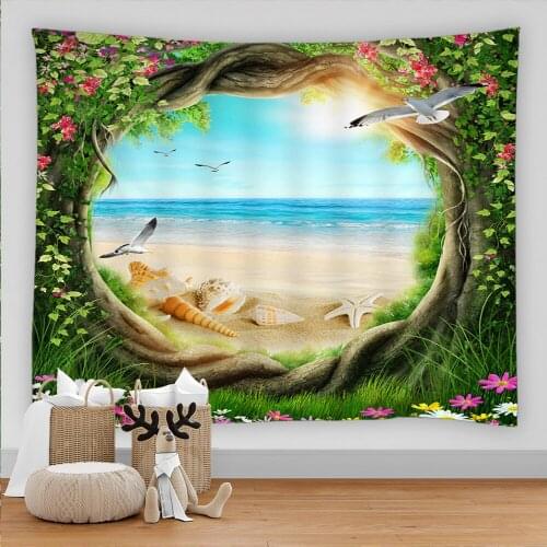 Psychedelic Forest Hanging Wall Tapestry Sea Beach Birds Nature Landscape Hippie Boho Decor Dorm Wall Carpet Blanket Tapestries