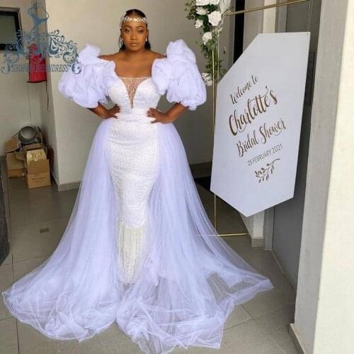 Chic Puff Cap Sleeves Mermaid Lace Prom Dress With Detachable Tulle Train Pretty V-neck Formal Party Gowns To Wedding Party