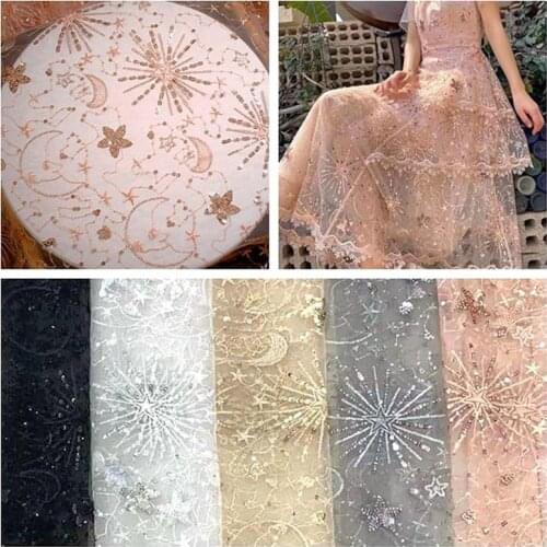 Star Moon Sequins Dress Net Yarn Embroidery Fabric For Sewing Dresses Tulle Cloth Needlework Tablecloth