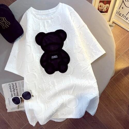 Harajuku Girls Womens T-shirts Plus Size Tops Letter Jacquard O-neck Short Sleeves Loose Summer Tshirt Bear White Tees