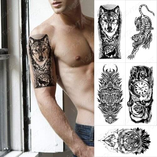 Waterproof Temporary Tattoo Sticker Forest Moon Tree Wolf Flash Tattoos Tiger Lion Crown Skull King Body Art Arm Fake Tatoo Men