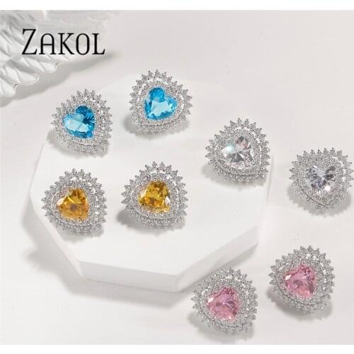 ZAKOL 4 Color Fashion Heart Pendant Small Stud Earrings Pink Yellow AAA Cubic Zirconia Stone for Women Wedding Jewelry