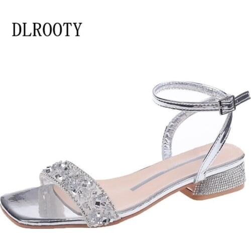 Woman Sandals Shoes Summer Style Pumps High Heels Thick Square Toe Buckle Strap Fashion Crystal Solid Gladiator