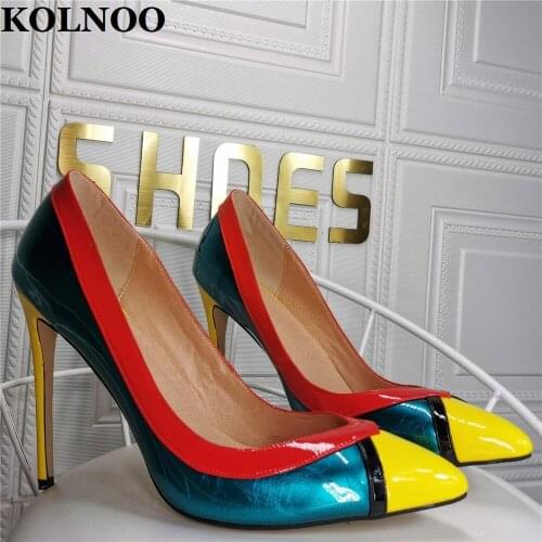 KOLNOO Handmade Real Pictures Ladies Stiletto Heeled Pumps Patchwork Leather Slip-On Pointy Office Career Evening Fashion Shoes