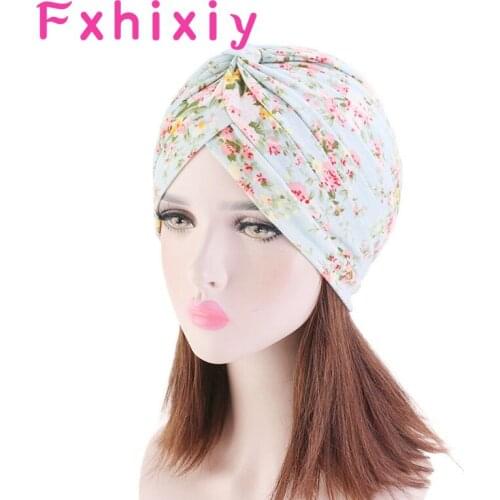 Women Floral Printed Knotted Flower Turban Muslim Headscarf Cotton Twist Knot India Hat Chemo Cap Bandanas Hair Accessories