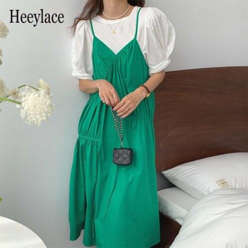 Hot 2021 Sweet Solid Loose Casual Korean Summer T-Shirts+ New A-Line Femme Chic Slip Dress All Match Two Piece Dresses Sets