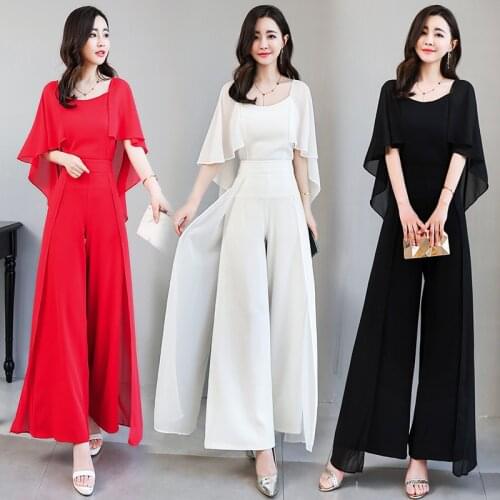 2021 Summer New 2 piece Chiffon Sets Women Top Shirt Blouse+Long Wide Leg Pants Trousers Lady Two Piece Chiffon Suits