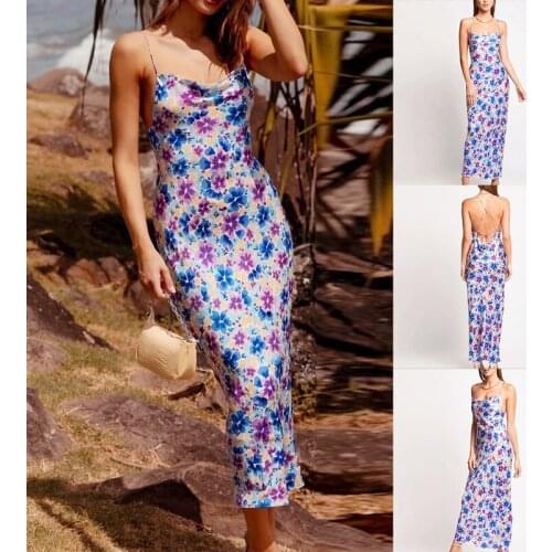 Print Summer Dress Women Backless Lace Up Sleeveless Slip Dress Ladies Casual Long Beach Robe Fashion Sexy Party Wear