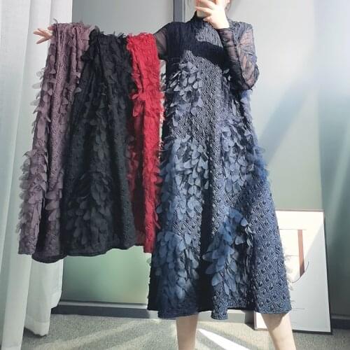 Miyake Pleated 3D Appliques Sun flower Embroidered dress Winter Women Long Turtleneck High Fashion Dress Vintage Indie Clothes