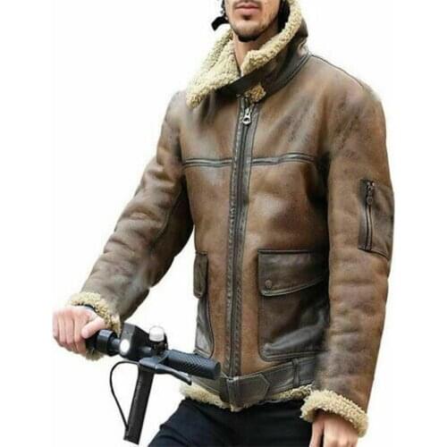 Winter Mens Lamb Wool Lined Leather Jacket Parka Outwear Coat Men Retro Fur Locomotive Jacket Zipper PU Leather Coat Warm