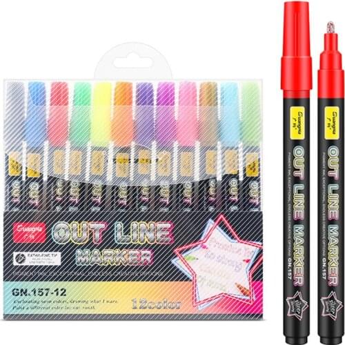 12/24 pcs Outline Metallic Markers, Double Line Magic Shimmer Paint Pens For Kids Adults DRAWING Art Signature Coloring Journal
