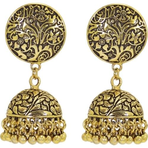 Afghan Bollywood Oxidized Earrings Womens Ethnic Carved Flower Gold Silver-Color Bell Tassel Jhumka Indian Earrings Wedding Jewe