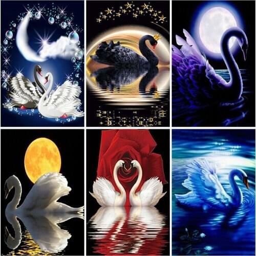 5D DIY Round Full Diamond Embroidery Swan Pictures of Rhinestones Diamond Painting Animals Full Square Drill Home Decoration