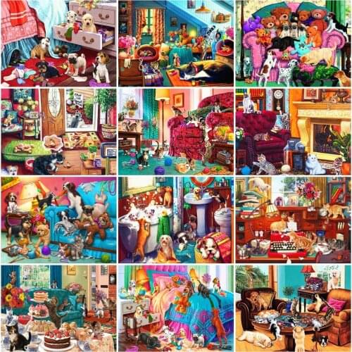 AZQSD Diamond Art Painting Cat Dog Cross Stitch Full Drill Rhinestones Handmade Diamond Embroidery Animal Mosaic Home Decor Gift