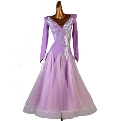 Ballroom Waltz Dresses Dance Competition Dresses Ballroom Dress Standard Customized Size Long Sleeve Rhinestones Purple