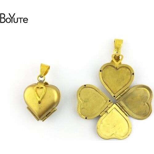BoYuTe One Piece 22*21*12MM Raw Brass Memory Locket Heart Photo Locket Clover Locket Vintage Jewelry Pendant
