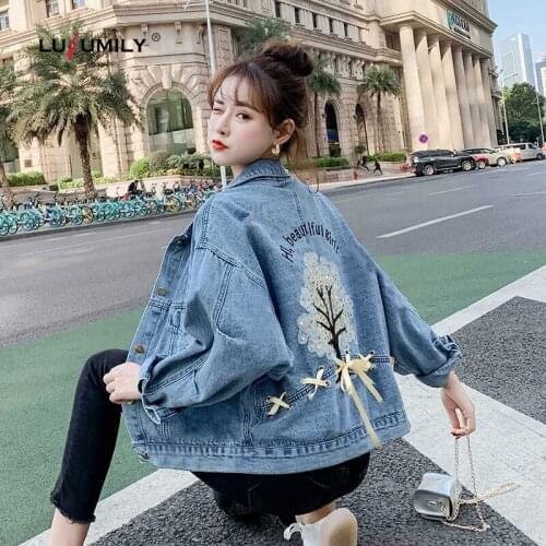 Lusumily Sequins Denim Jacket Women Loose Cowboy Outwear Fashion Silk Ribbon Jean Jacket Spring Casual Tops Female Denim Coat