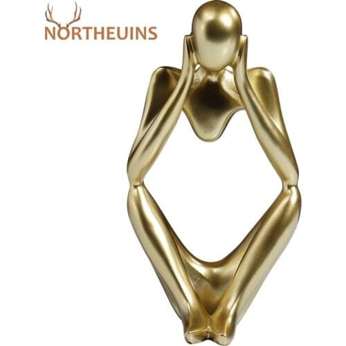 NORTHEUINS 24cm Resin Golden Thinker Statues Nordic Creative Character Figurines for Interior Sculpture Home Decor Accessories