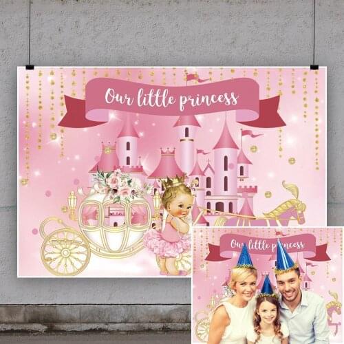 Photography Backdrop Pink Castle Princess Girl Banner Pumpkin Carriage Birthday Baby Shower Decor Background Photophone