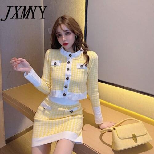 JXMYY Fashion Net Celebrity Ladies Comfortable Knitted Top + Skirt Suit Female Retro Chic Western Fashion Suit