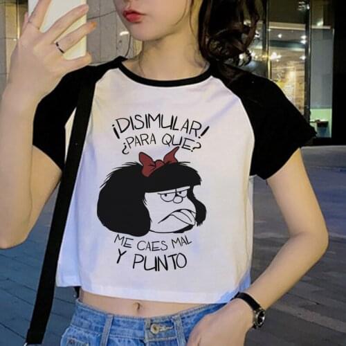 Mafalda Anime Y2k Crop Top Kawaii T Shirt Women Summer Tank Top O-neck Short Sleeve Slim Streetwear Harajuku Cartoon Graphic Tee