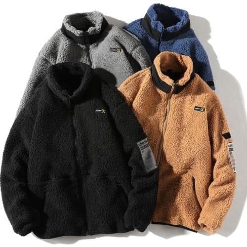 LUCLESAM Men Harajuku Lamb Wool Fleece Winter Coat Mens Stand Collar Polar Fleece Jacket Parkas casacos masculinos