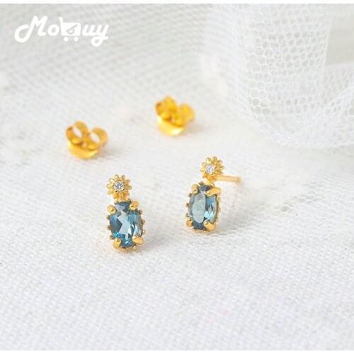 MoBuy 925 Silver Stud Earrings For Women Natural London Blue Topaz Star Mini Earring 14K Gold Plated Fine Jewelry MBEI127