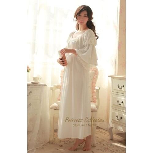 Free Shipping 100% Cotton Nightgown Princess Nightdress Royal pijama Ladies Sleepwear Long White Women nightwear roupao feminino