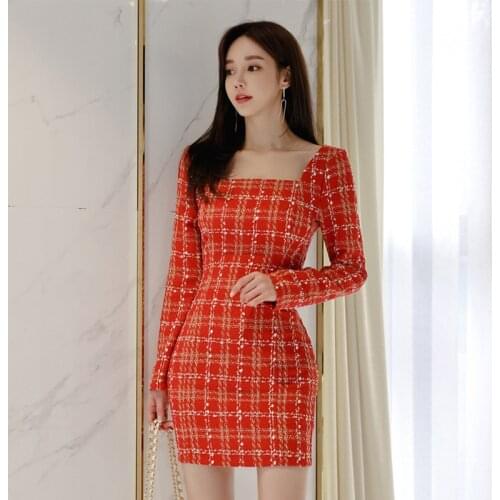 New arrival fashion korean spring party dress women OL professional temperament square collar red plaid woolen mini a-line dress