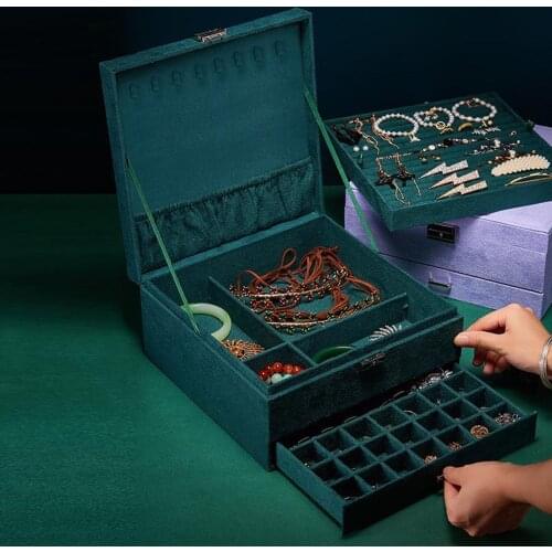 Portable Velvet Jewelry Organizer Retro Style Jewelry Box 3 Layer Lockable Rings Necklace Earrings Makeup Display Organizer Case