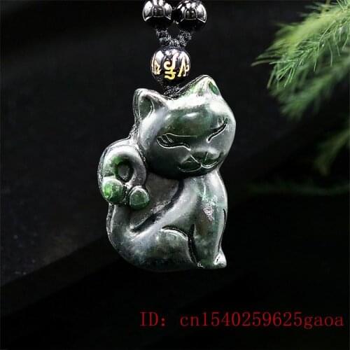 Jade Cat Pendant Necklace Fashion Chinese Gifts Amulet Charm Carved Jewellery Natural Black Green