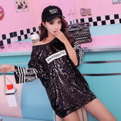 Casual Straight Geometric Short Sequined Round Neck Fashion Sexy Black Silver One Size Short Sleeve Party Coctail Summer Dress