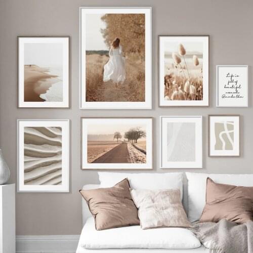 Nature Soft Beach Waves Curves Sand Grass Nordic Poster Girl Road Wall Art Print Canvas Painting Decor Pictures For Living Room