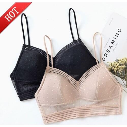 Sexy Women Lingerie Deep U Low Back Lace Bralette Thin Cup Polka Dot Bustier Top Mesh Wireless Seamless Breathable Underwear Bra