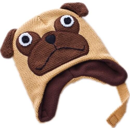 Cartoon cute Pug dog Bulldog wool Cotton knitting winter Warm plush hat kid baby Animals Soft Cosplay Cap Fleece Lining Beanies