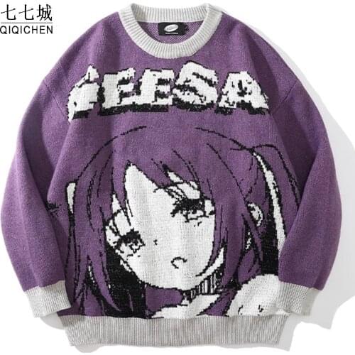 Oversized Sweaters Men Women Japanese Anime Girl Pullovers O-Neck 2021 Autumn Streetwear Fashion Cotton Knitted Sweater Women