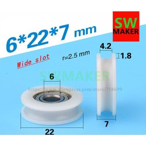 SWMAKER 6*22*7mm U type plastic nylon package pulley with bearing 625 for flat Flat roller wheel