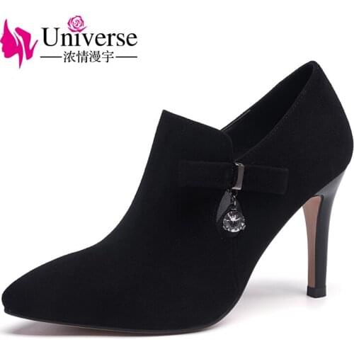 Universe super high heel thin heel women black pumps kid suede upper ladies dress shoes office ladies shoes G244