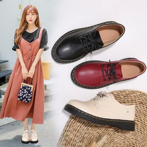 Women Classical Leather Oxford Shoes Round-Toe Solid Black Cute Shoes Casual Platform Middle Heels Sneakers 2021 New Brand 35-40