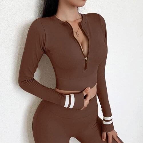 Womens Bodycon Fitness Suits 2 Piece Sets Zipper Striped Long Sleeve Crop Top Seamless High Wide Waist Running Leggings Outfits