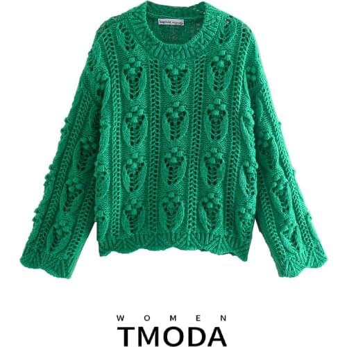TMODA1887 Za 2021 Autumn Winter Women Green Ball Hollow Knitted Sweater Jumper O Neck Ladies Oversize Pullovers Chic Tops Female