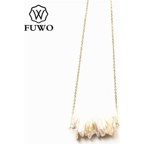 FUWO Natural Freshwater Pearls with Gold Filled Chain Women Beach Irregular Pearls Pendant Necklace Jewelry NC506
