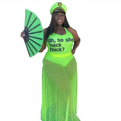 INS Hottest Women Sexy Clubwear Sleeveless O-neck Bodysuit + High Waist Beading See-through Mesh Skirts Two Pieces 2021 Summer