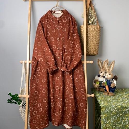 2021 New Spring Women Long Dress Japan Style Floral Print Double Cotton Stand Collar Long Sleeve Loose Dresses Women