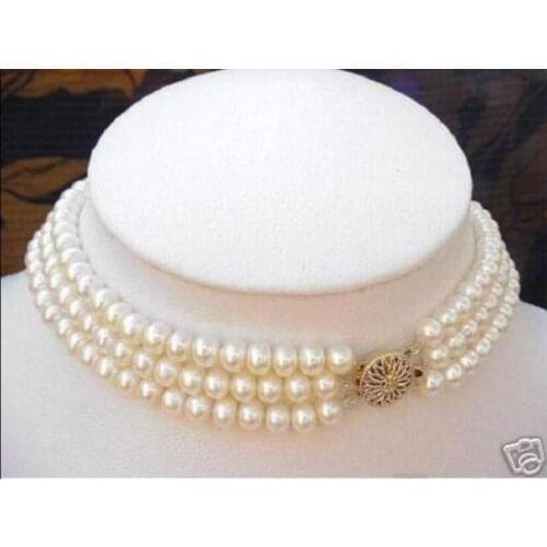 Women Gift word Love 3 ROWS 7-8MM White Akoya Cultured Pearl Choker Necklace AKOYA mujer for -jewelry