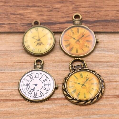 10Pcs 4 Size 2021 New Metal Alloy Antique Bronze Glass Paste Alarm Clock DIY Charms Pendants For Jewelry Making Handmade Craft