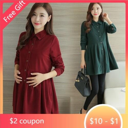 1076# Pleated Waist Button Corduroy Maternity Blouses Spring Autumn Fashion Pregnancy Tunic Tops Clothes For Pregnant Women