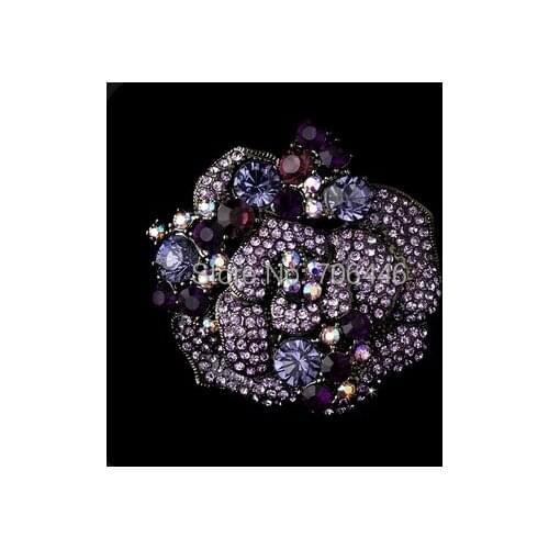 2" Elegant Lilac Rhinestone Crystal Floral Brooch Beautiful Rose Floral Wedding Bouquet Party Pins