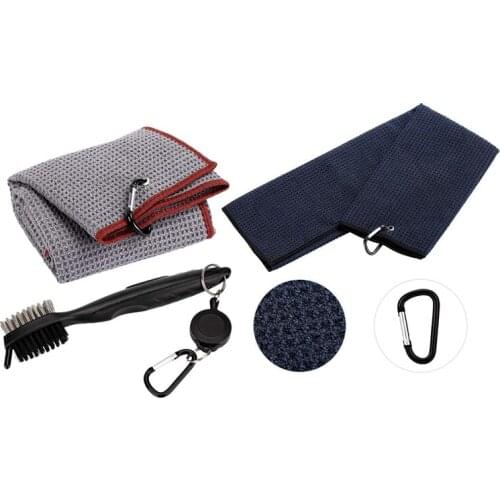2 Set Pure Cotton Golf Towel Brush Tool Kit with Club Groove Cleaner Retractable Extension Cord and Clip, Grey & Black